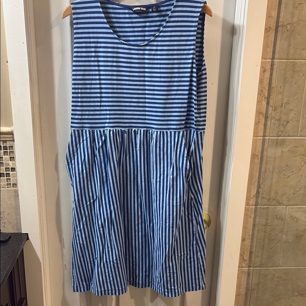 Lands' End Navy Striped Midi Dress